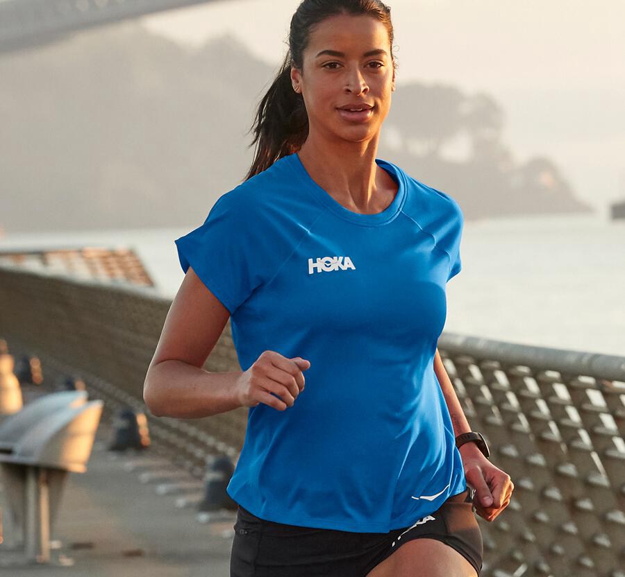 Hoka Australia One One Performance Short Sleeve - Womens Tops Blue - MWXCF-3420